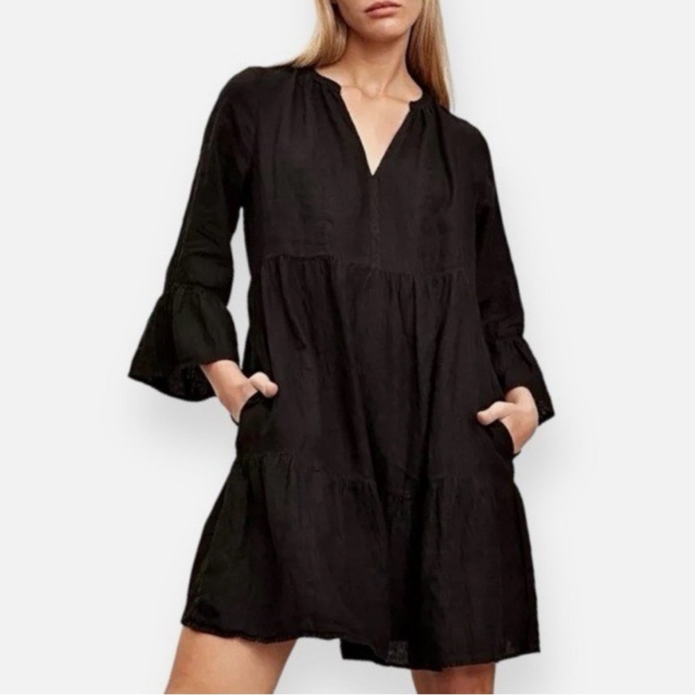 Velvet by Graham & Spencer Black Linen Tiered Bell Sleeve V Neck Dress — Medium